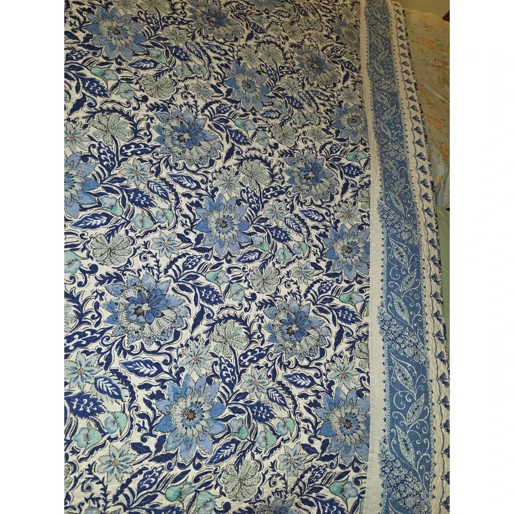 Indigo & Sky Blue Cotton Block Print Quilt Blanket  87